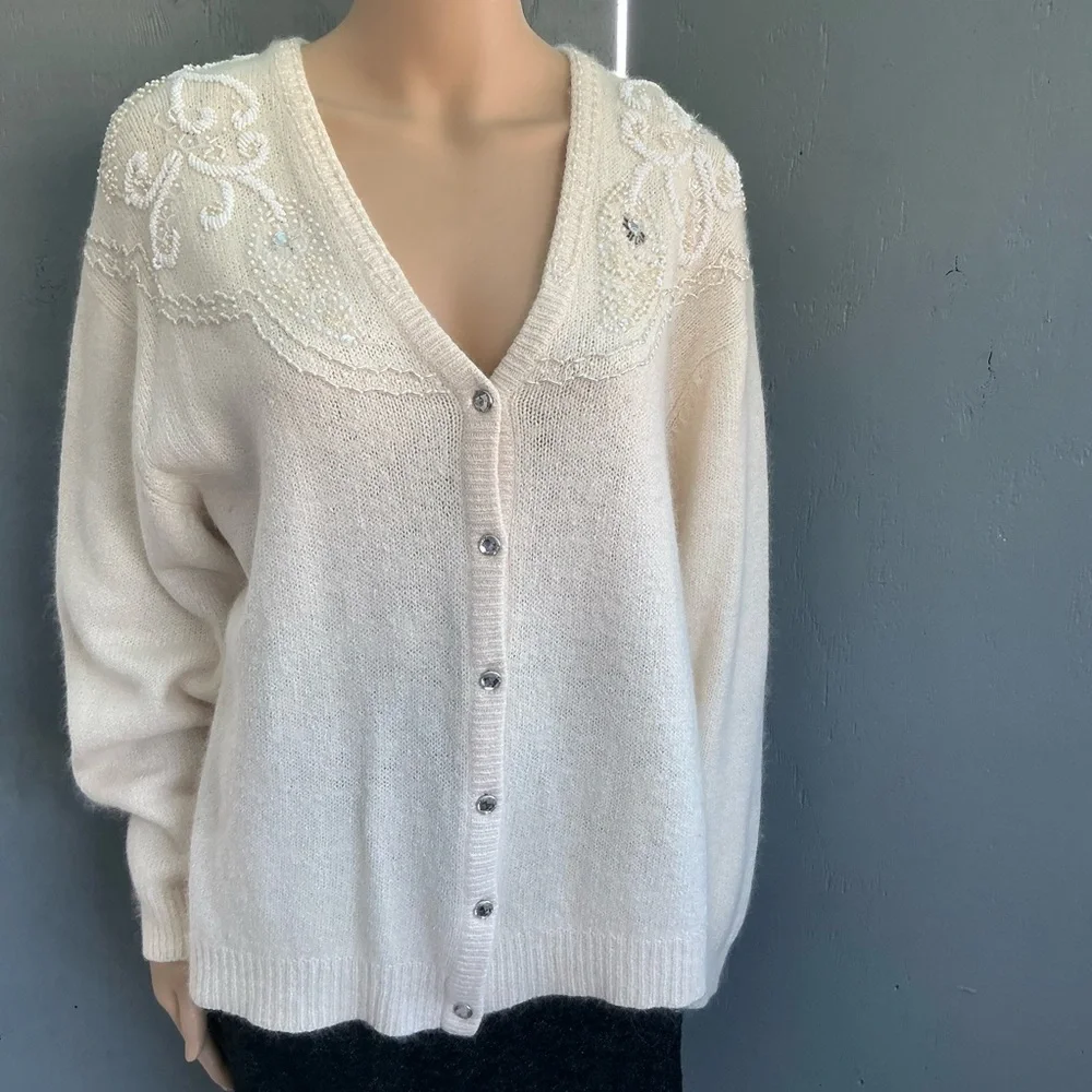 Vintage Robinson Silk Rabbit Hair Lambswool Angora Embellish Cardigan Size 2X